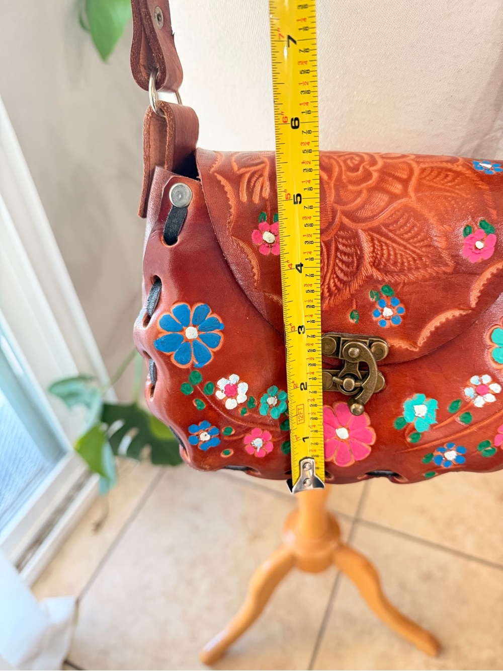 Tooled Leather Floral Crossbody Bag Brown Boho Purse - Picture 5 of 10